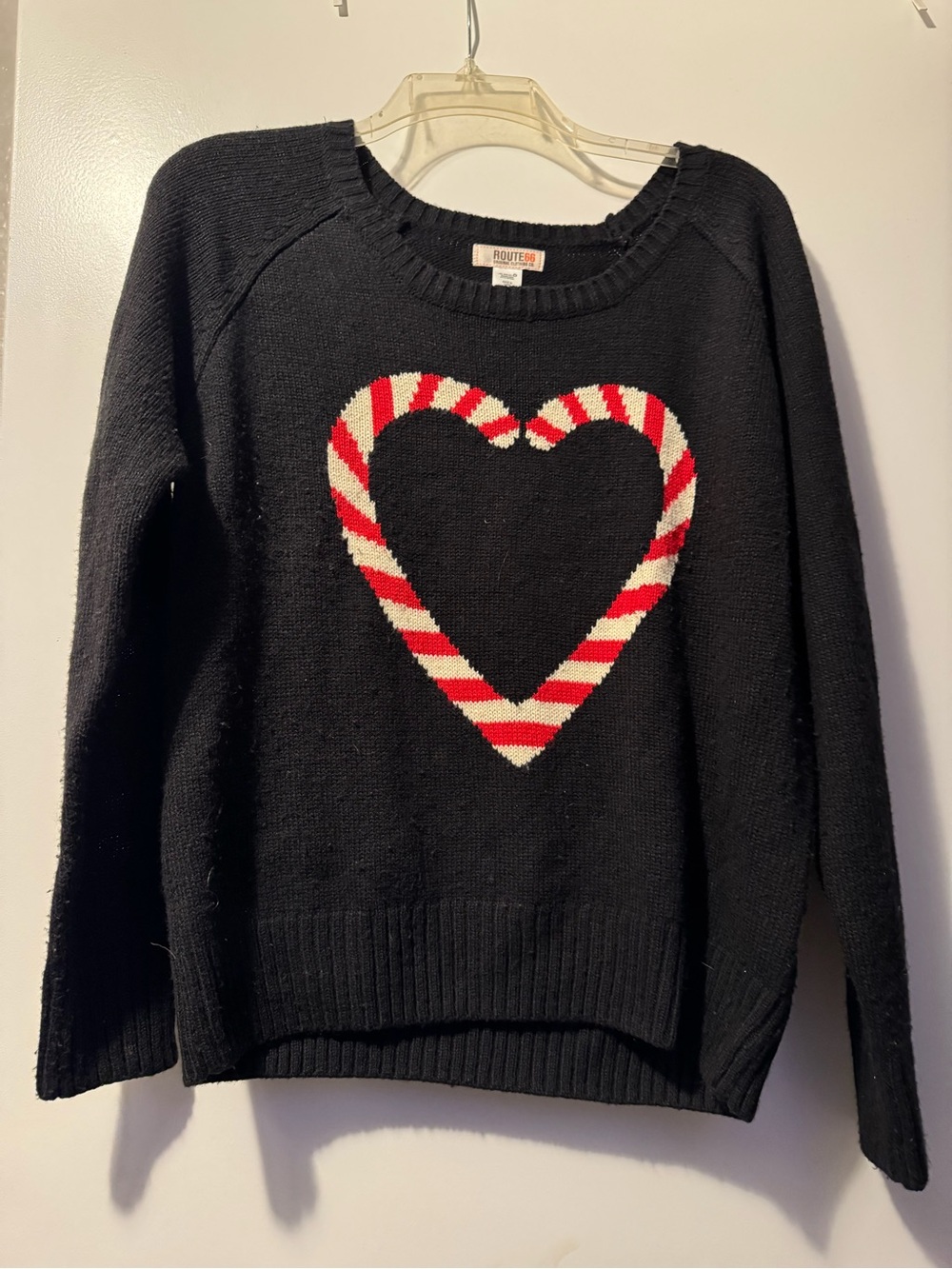 Route 66 Black Sweater with Red and White Striped Heart